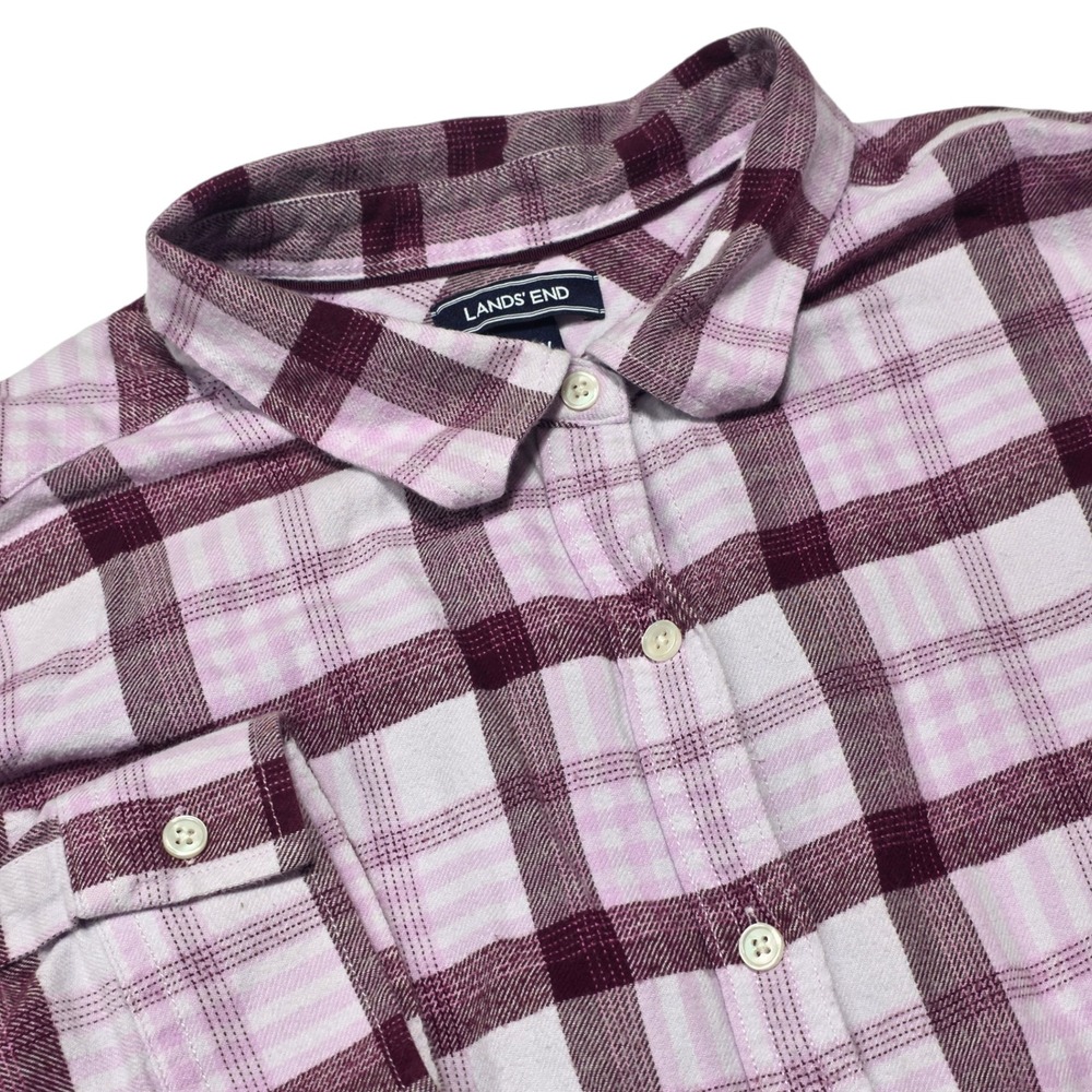 Lands' End Button Down Women 24W Purple Plaid Flannel Long Sleeve Cotton Shirt